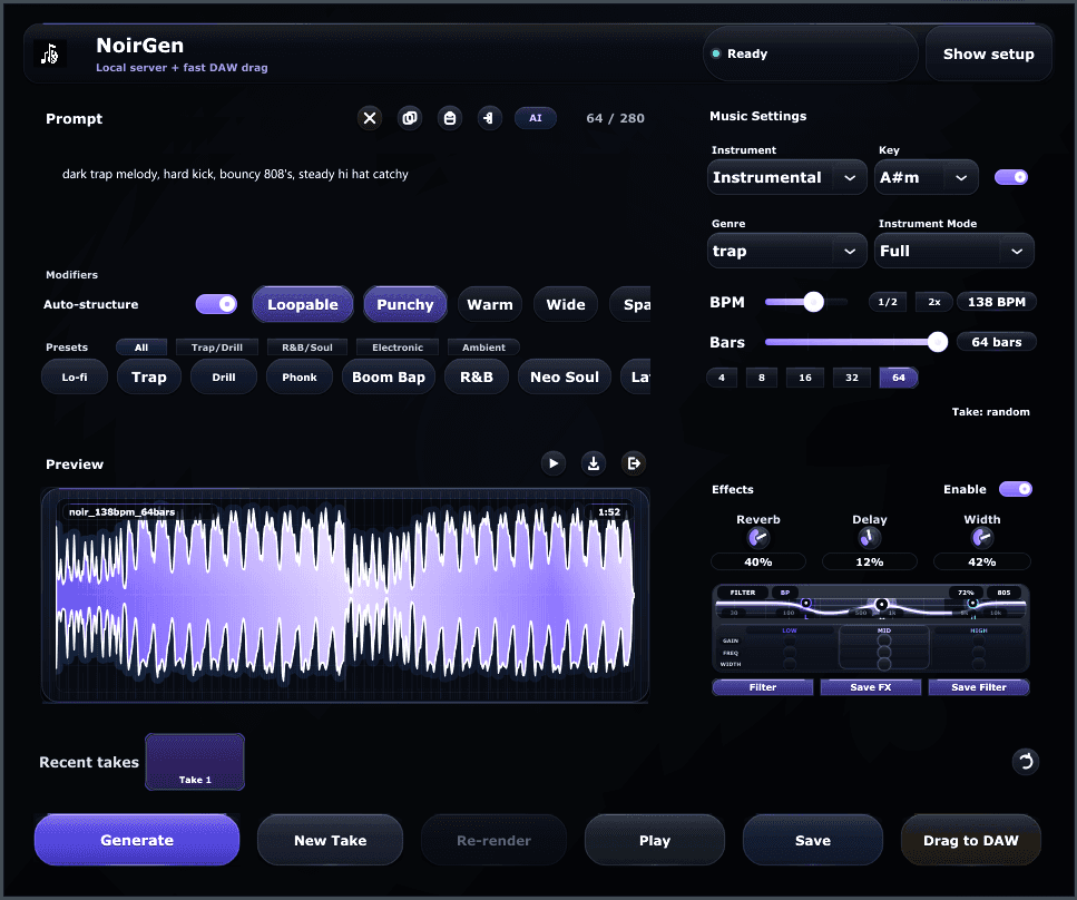 NoirGen plugin UI preview inside a DAW